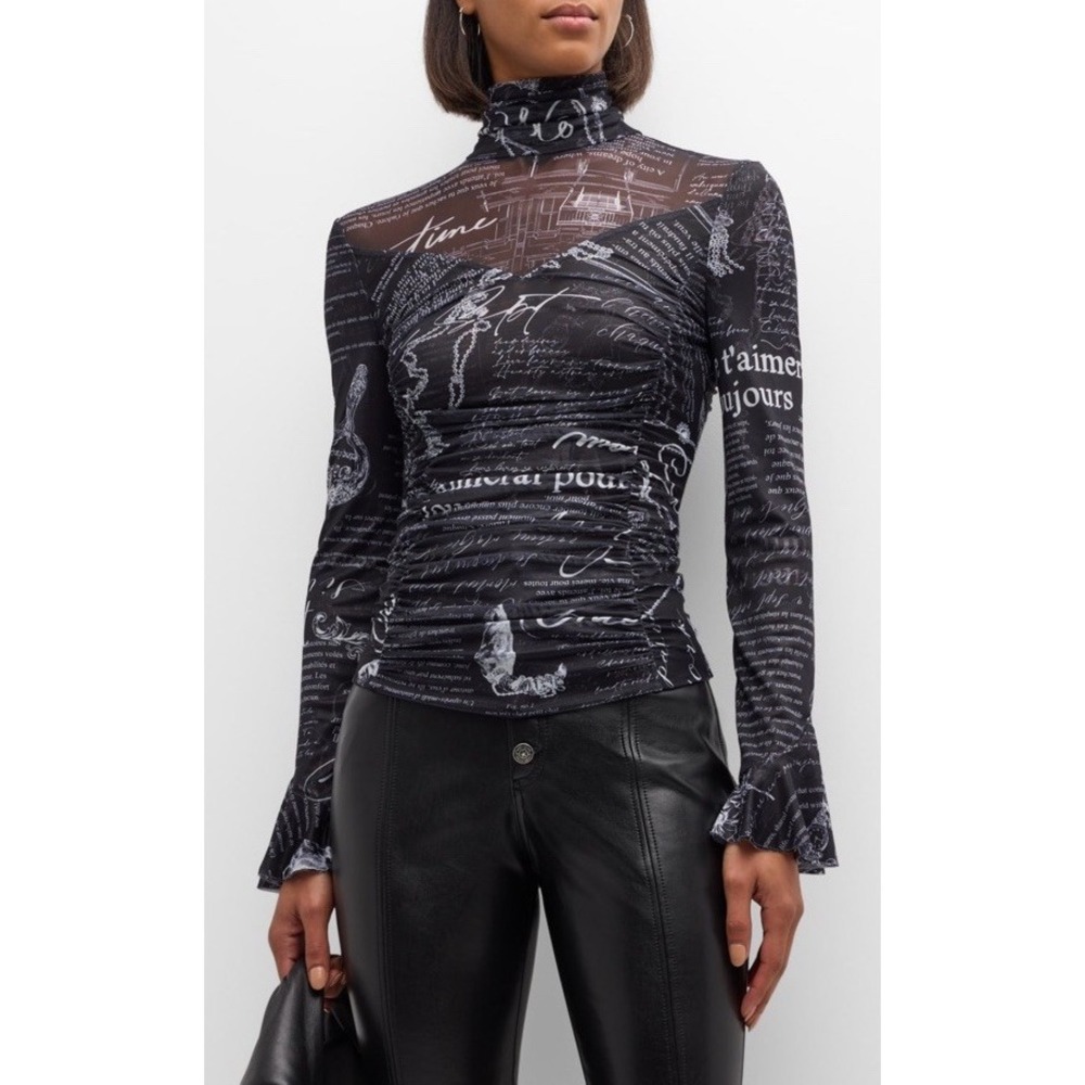 Cinq a SeptLucy Turtleneck Shirred Illusion Top Black White Women's XS